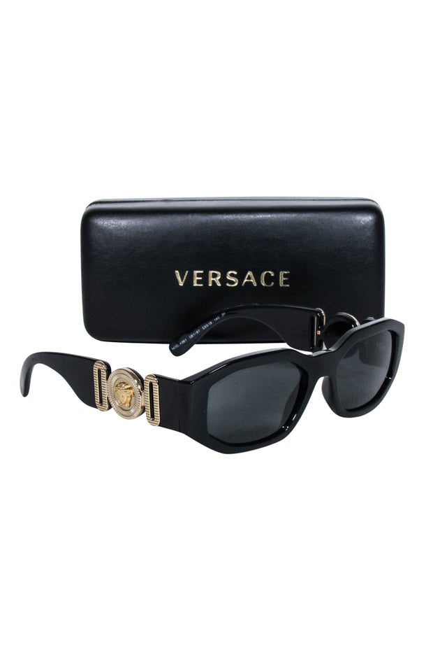 Current Boutique-Versace - Black Rectangular Sunglasses w/ Gold Logo Head Sides