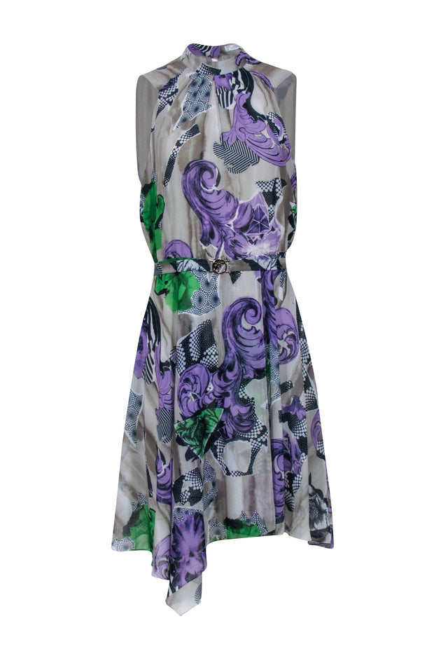 Current Boutique-Versace Collection - Taupe w/ Purple Abstract Floral Print Pleated Dress Sz 8