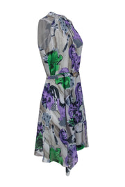 Current Boutique-Versace Collection - Taupe w/ Purple Abstract Floral Print Pleated Dress Sz 8