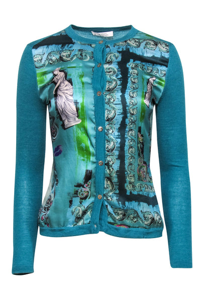 Current Boutique-Versace Collection - Teal Sculpture Print Silk & Wool Blend Cardigan 6
