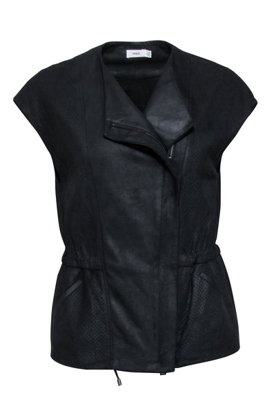 Current Boutique-Vince - Black Perforated Leather Moto Vest w/ Drawstring Waist Sz XXS