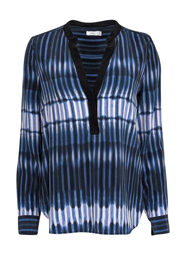 Current Boutique-Vince - Blue, Black & White Striped w/ Notch Neckline Long Sleeve Top Sz 8