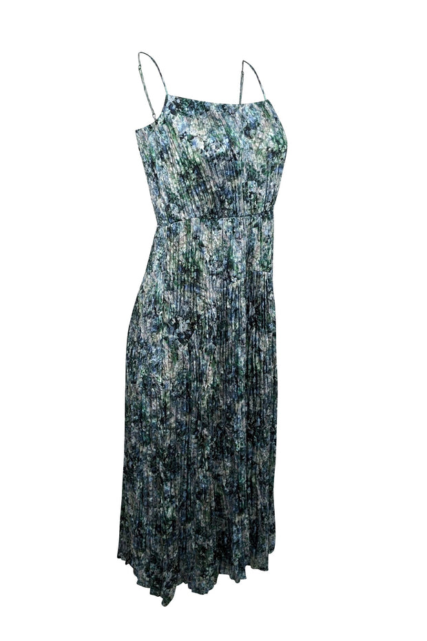 Current Boutique-Vince - Green, Blue, & Light Grey Floral Print Pleated Satin Dress Sz XS