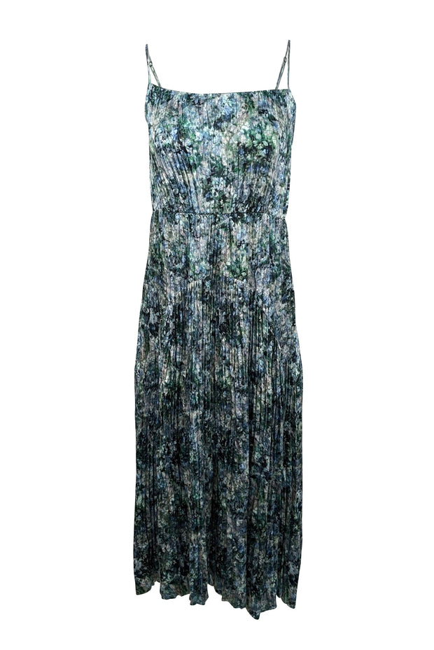 Current Boutique-Vince - Green, Blue, & Light Grey Floral Print Pleated Satin Dress Sz XS