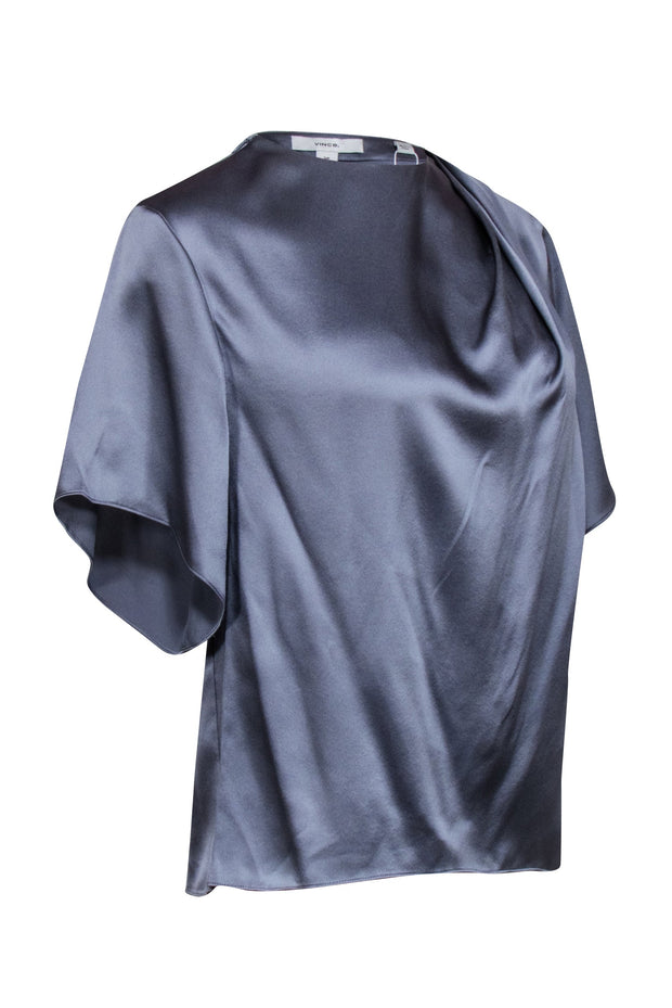 Current Boutique-Vince - Grey Silk Short Sleeve Ruched Neckline Blouse Sz S
