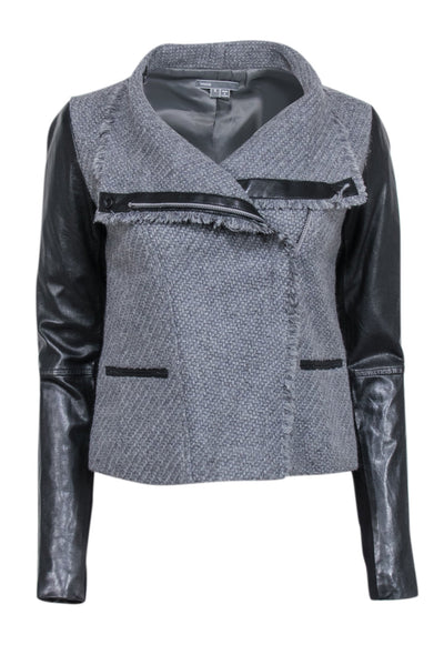 Current Boutique-Vince - Grey Wool Asymmetric Jacket w/ Leather Sleeves Sz S