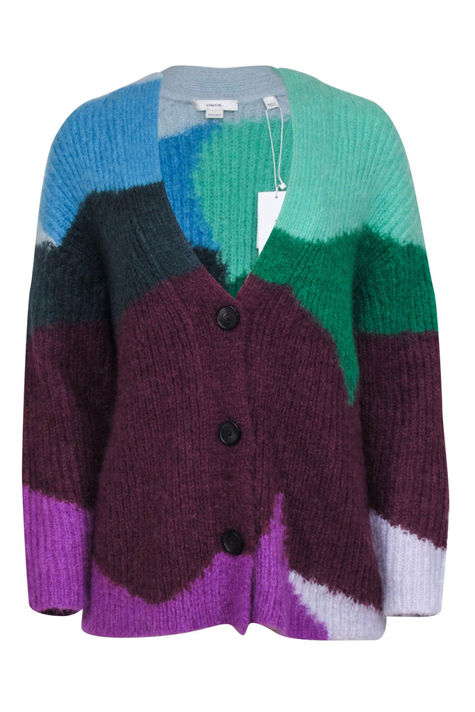 Vince - Purple, Green, & Blue Print Mohair Blend Cardigan Sz XS