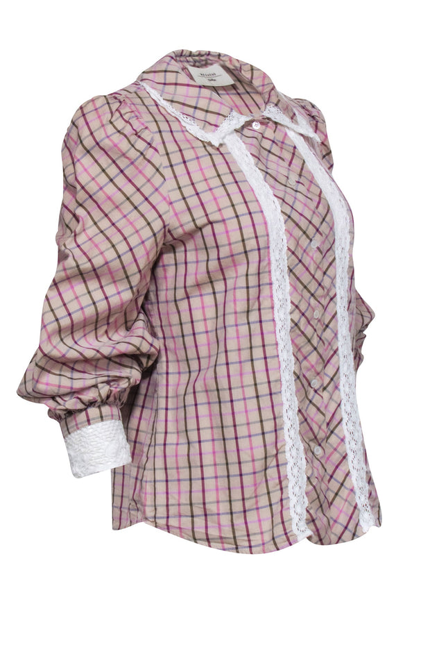 Current Boutique-Weekend Max Mara - Beige & Pink Multicolor Plaid Lace Trim Shirt Sz 10