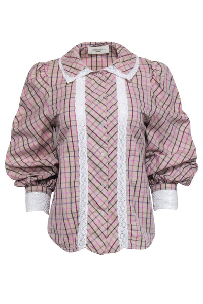 Current Boutique-Weekend Max Mara - Beige & Pink Multicolor Plaid Lace Trim Shirt Sz 10