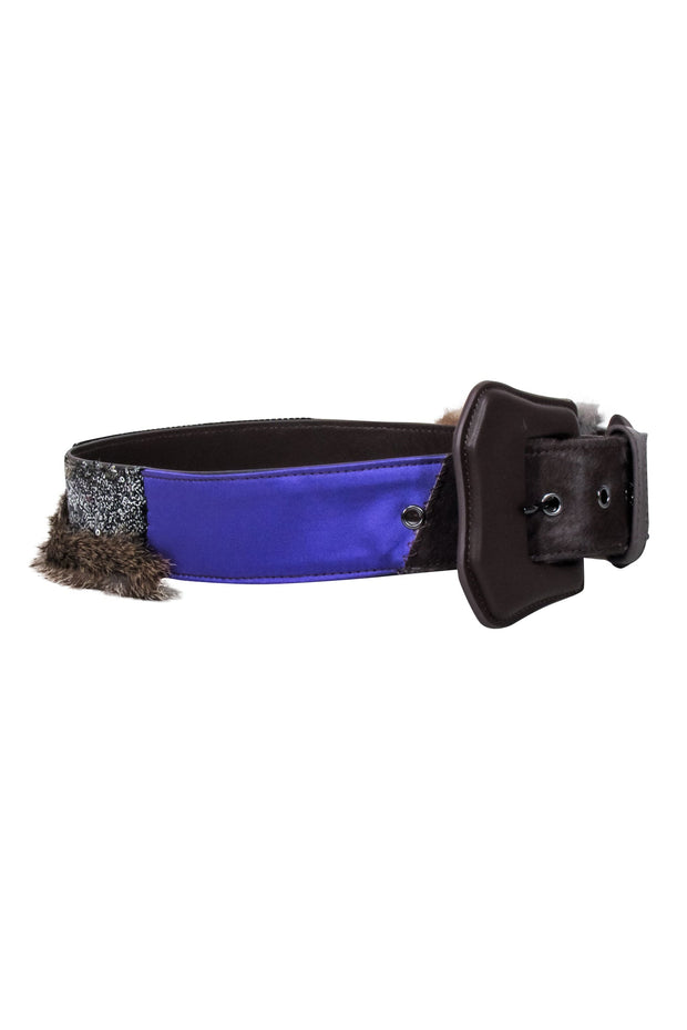 Current Boutique-Weekend Max Mara - Brown, black, Purple, & Fur Trim Belt Sz One Size