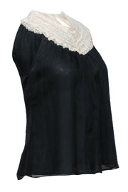 Current Boutique-Wendy Hil - Black Sleeveless Silk Blouse w/ Lace Collar Sz S