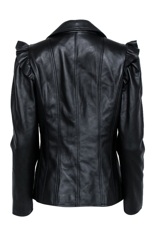 Current Boutique-White House Black Market - Black Leather Jacket w/ Ruffled Shoulder Sz M