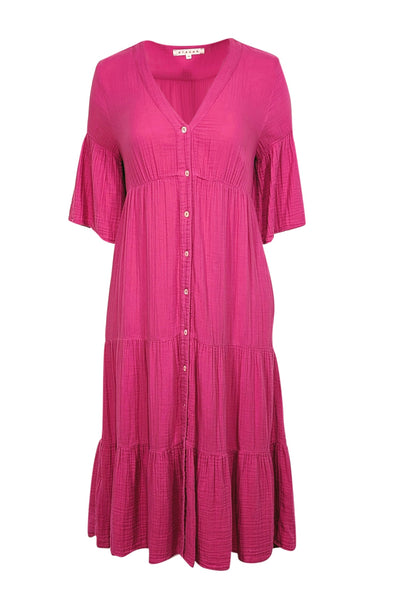 Current Boutique-Xirena - Lipstick Pink Tiered Gauze Midi Dress Sz XS