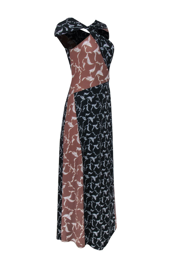 Current Boutique-Yigal Azrouel - Black & Tan Feather Print Sleeveless Maxi Dress Sz 4