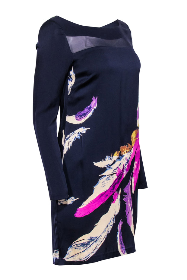 Current Boutique-Yoana Baraschi - Navy & Multi Color Feather Print Silk Blend Dress Sz 6
