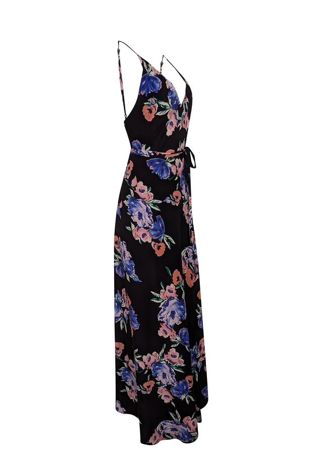 Current Boutique-Yumi Kim - Black Sleeveless Floral Maxi Wrap Dress Sz L