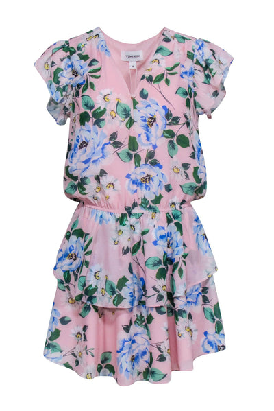 Current Boutique-Yumi Kim - Blush Pink & Blue Floral Print Tiered Bottom Skirt Sz M