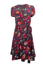 Current Boutique-Yumi Kim - Navy w/ Red & Purple Floral Print Silk Wrap Dress Sz M