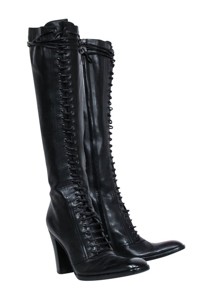 Current Boutique-Yves Saint Laurent - Black Leather Lace-Up Tall Boots Sz 9.5
