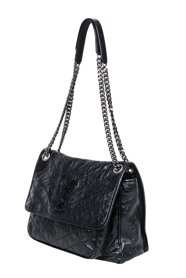 Current Boutique-Yves Saint Laurent - Black Patent Leather Chevron "Niki" Shoulder Bag
