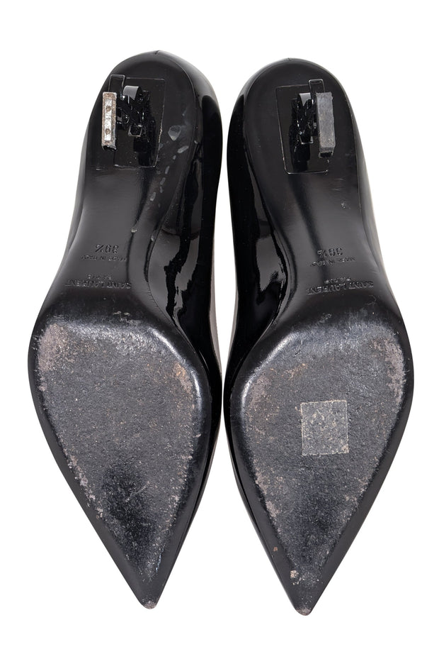 Current Boutique-Yves Saint Laurent - Black Patent Leather Pointed Tow Logo Heel Pumps Sz 9.5