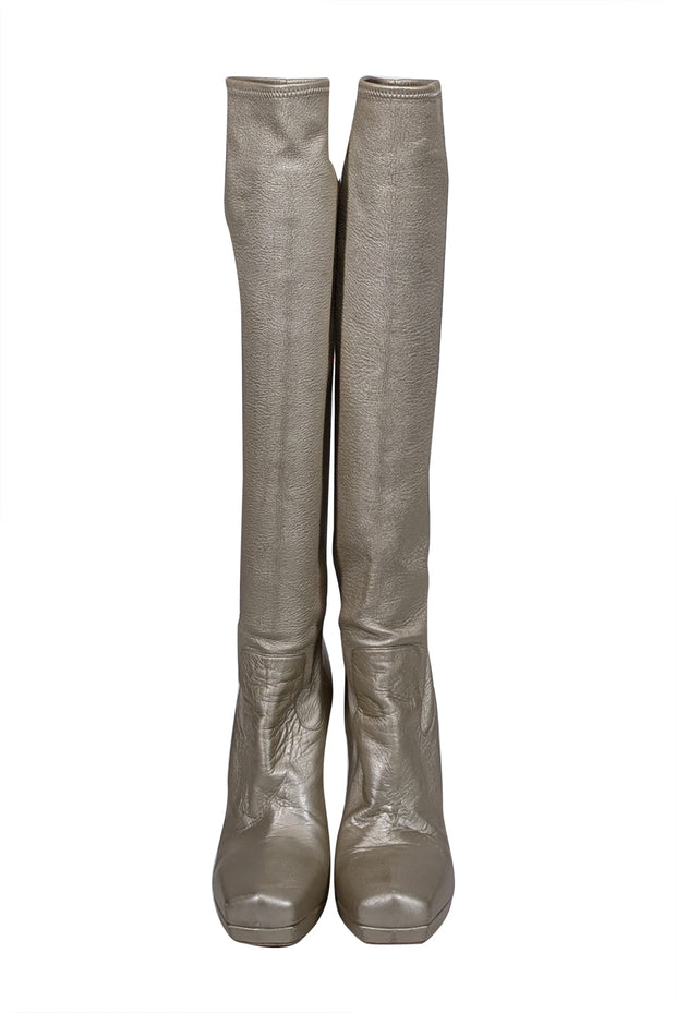 Current Boutique-Yves Saint Laurent - Champagne Gold Metallic Leather Tall Heeled Boots Sz 9