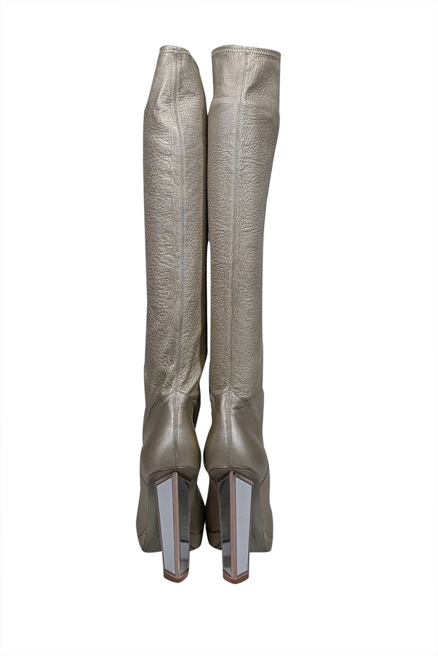 Current Boutique-Yves Saint Laurent - Champagne Gold Metallic Leather Tall Heeled Boots Sz 9