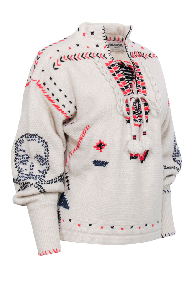 Current Boutique-Zadig & Voltaire - Oatmeal Cashmere & Wool Blend Embroidered "Amanda" Sweater Sz S