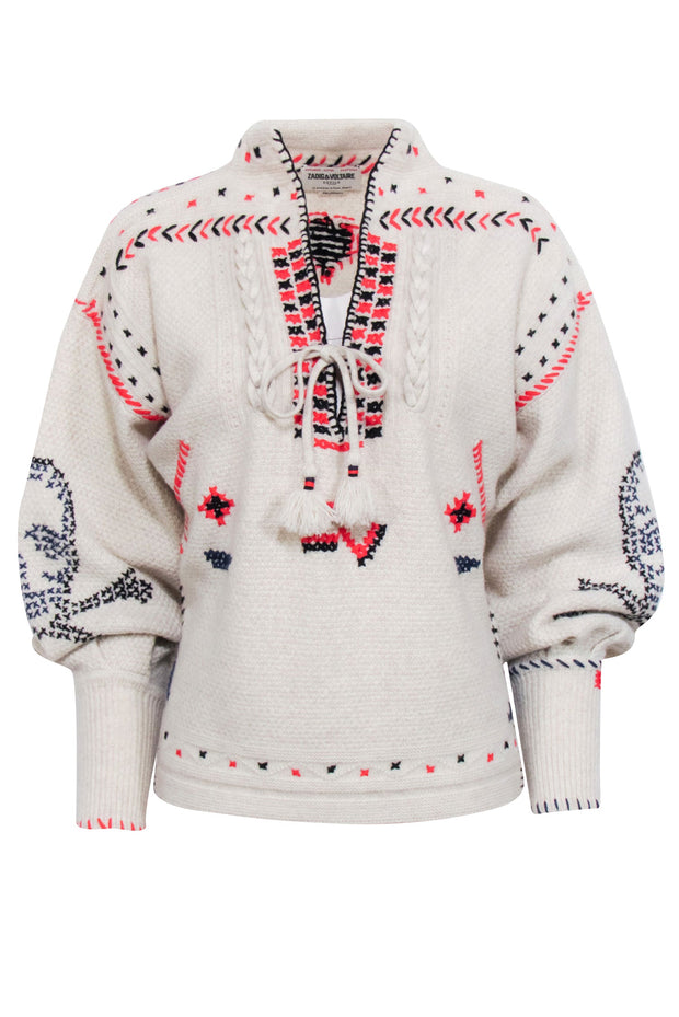 Current Boutique-Zadig & Voltaire - Oatmeal Cashmere & Wool Blend Embroidered "Amanda" Sweater Sz S