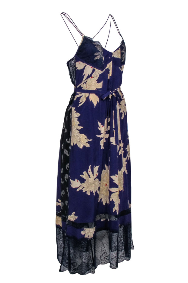 Current Boutique-Zadig & Voltaire - Purple & Cream Floral w/ Navy Lace Trim Sleeveless Maxi Dress Sz L