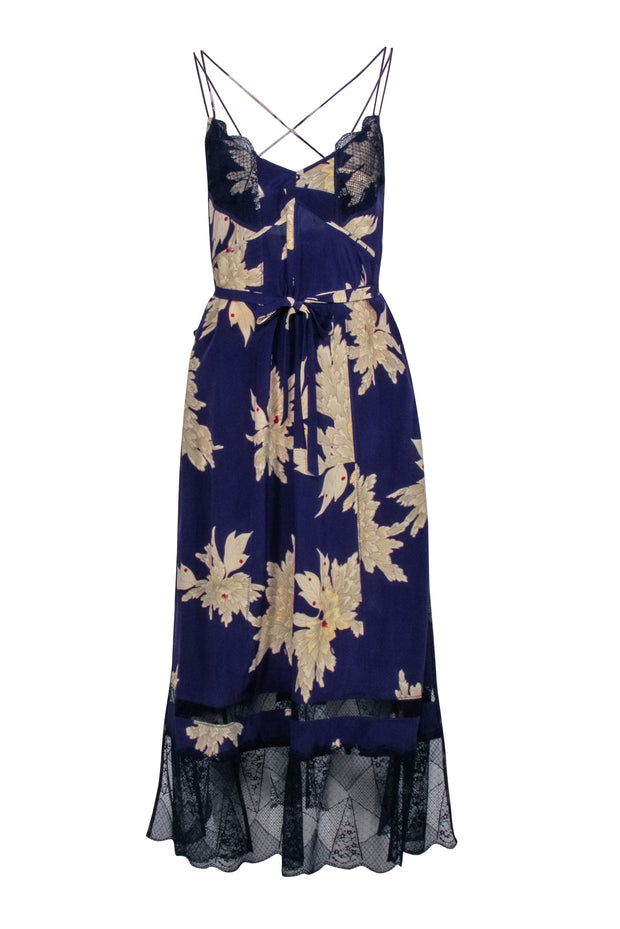 Current Boutique-Zadig & Voltaire - Purple & Cream Floral w/ Navy Lace Trim Sleeveless Maxi Dress Sz L