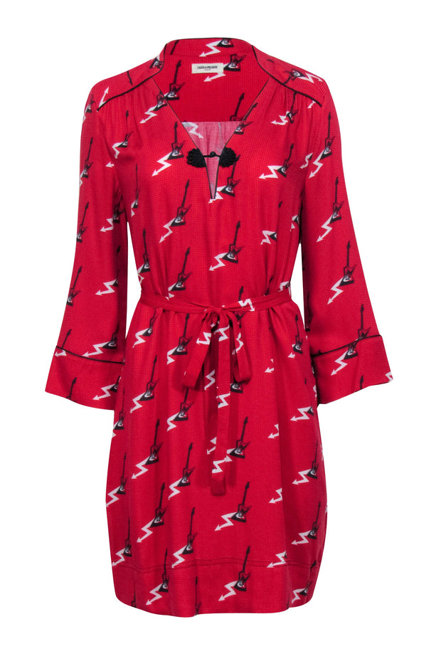 Current Boutique-Zadig & Voltaire - Red Guitar Printed Mini Dress w/ Embroidered Trim Sz L