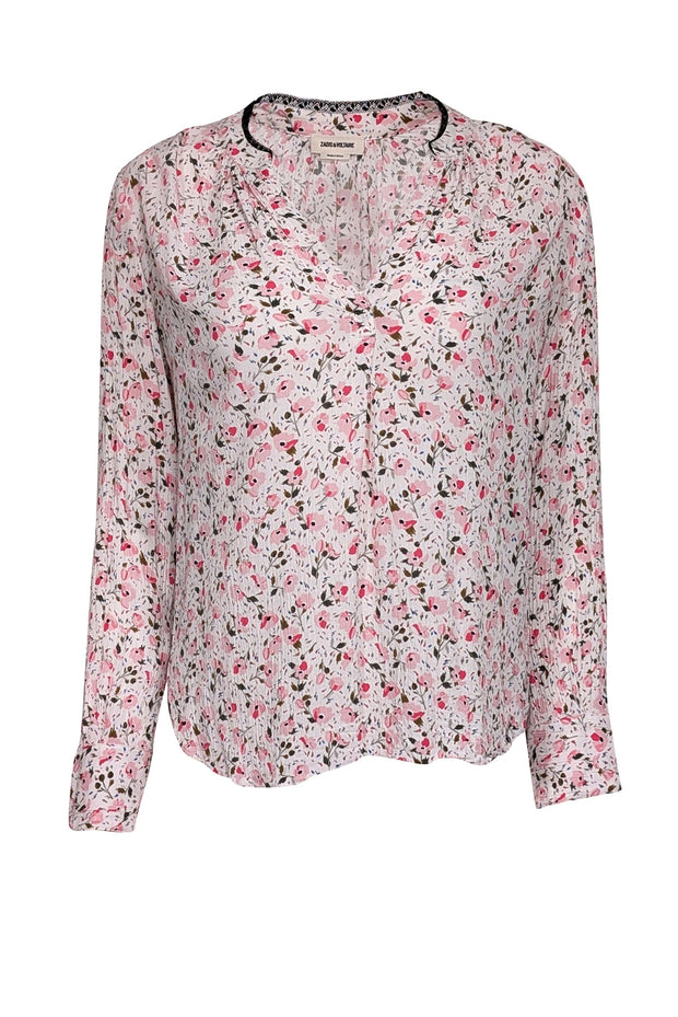 Current Boutique-Zadig & Voltaire - White w/ Pink Floral Print Lace Trimmed Blouse Sz XS