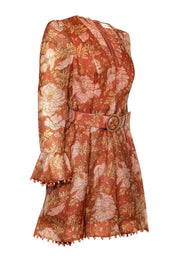 Current Boutique-Zimmermann - Amber, Orange, & Peach Floral Print Dress w/ Beaded Trim Sz 8