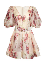 Current Boutique-Zimmermann - Cream, Red, & Pink Floral Print Belted Puff Sleeve Dress Sz 8