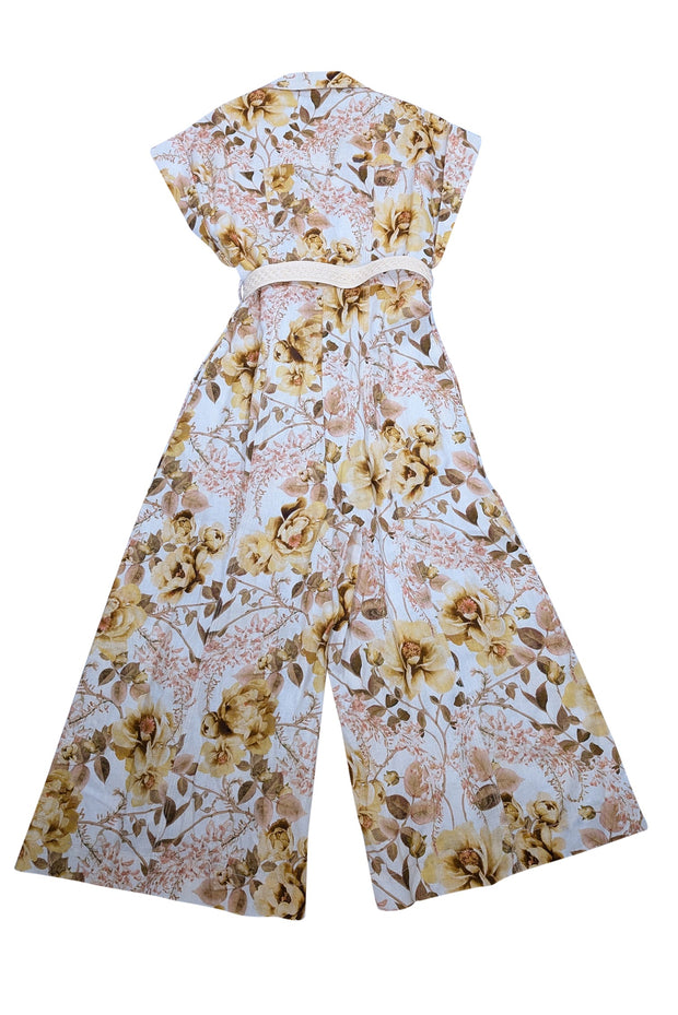 Current Boutique-Zimmermann - Cream & Yellow Floral Print Linen Jumpsuit Sz 6