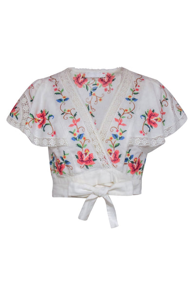 Current Boutique-Zimmermann - White w/ Multi Color Floral Embroidery Short Sleeve Top Sz 8