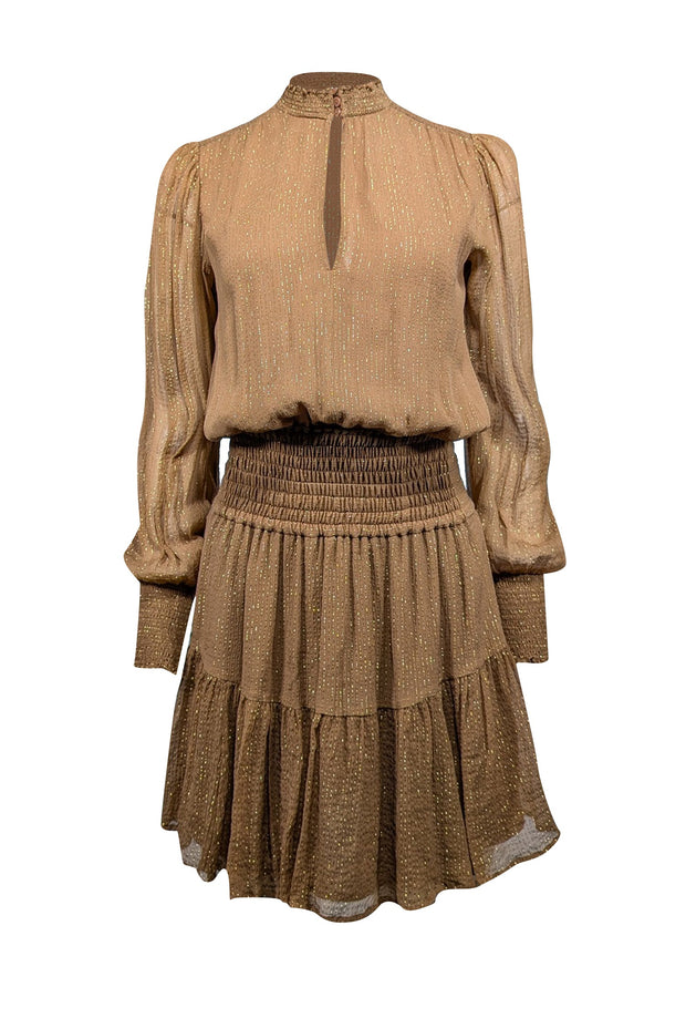 A.L.C. - Tan & Gold Metallic Striped Smocked Waist Silk Blend Dress Sz A.L.C. - Tan & Gold Metallic Striped Smocked Waist Silk Blend Dress Sz