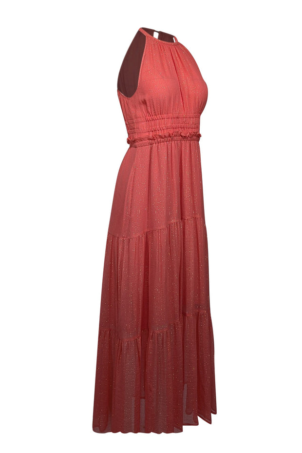 coral and gold maxi dress Hope & Ivy Maternity frill sleeve maxi wrap dress in coral with gold flecks