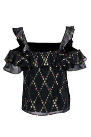 Current Boutique-A.L.C. - Black Metallic Fleck Silk Cold Shoulder Ruffle Blouse Sz 4