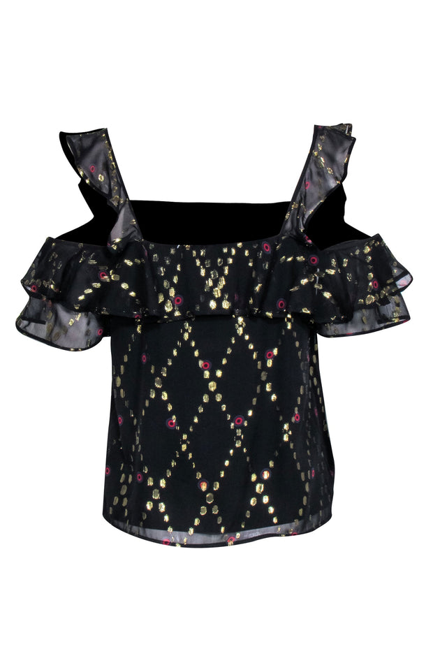 Current Boutique-A.L.C. - Black Metallic Fleck Silk Cold Shoulder Ruffle Blouse Sz 4