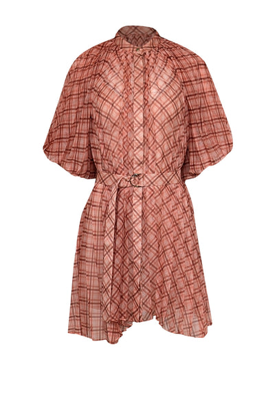 Current Boutique-Acler - Peach & Orange Plaid Pleated Puff Sleeve Mini Dress Sz 2