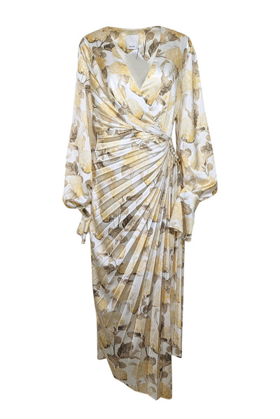 Current Boutique-Acler - White w/ Yellow & Olive Hydrangea Print Pleated Satin Dress Sz 8