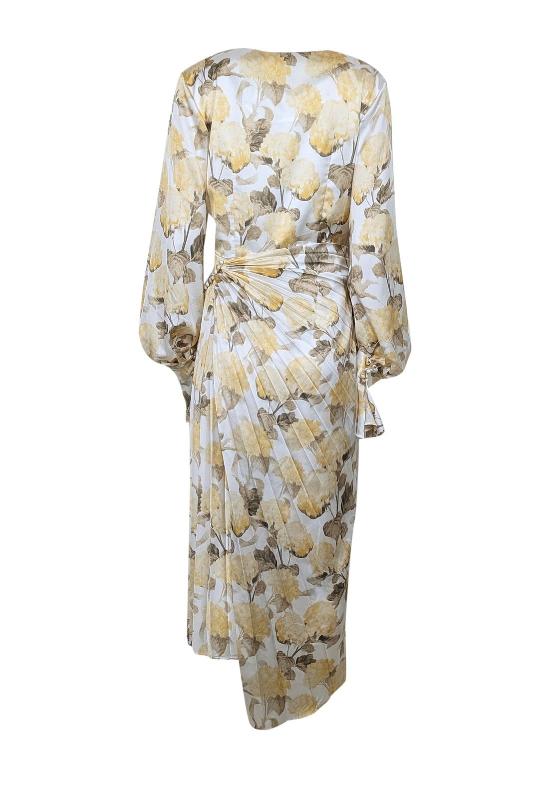 Acler - White w/ Yellow & Olive Hydrangea Print Pleated Satin Dress Sz Acler - White w/ Yellow & Olive Hydrangea Print Pleated Satin Dress Sz