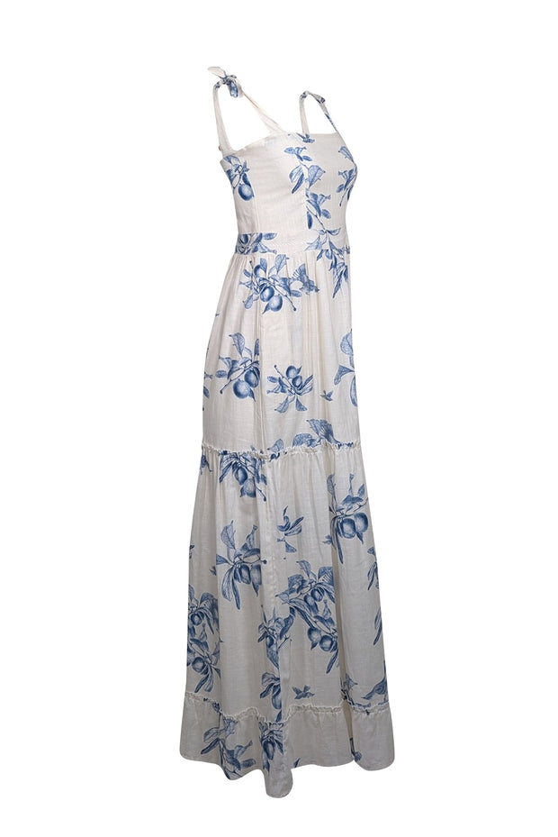 Agua Bendita for Anthropologie - White w/ Blue Fruit Toile Print Maxi Agua Bendita for Anthropologie - White w/ Blue Fruit Toile Print Maxi
