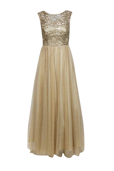 Current Boutique-Aidan Mattox - Gold Lace Bodice w/ Tulle Long Bottom Formal Dress Sz 2