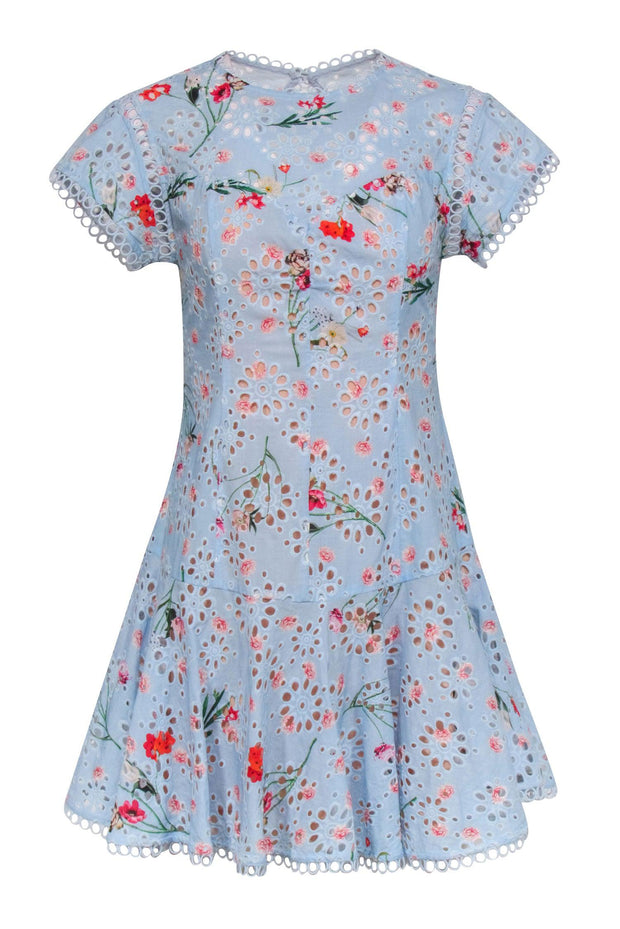 Aijek - Blue Eyelet Lace w/ Floral Print Detail Dress Sz 2 Aijek - Blue Eyelet Lace w/ Floral Print Detail Dress Sz 2