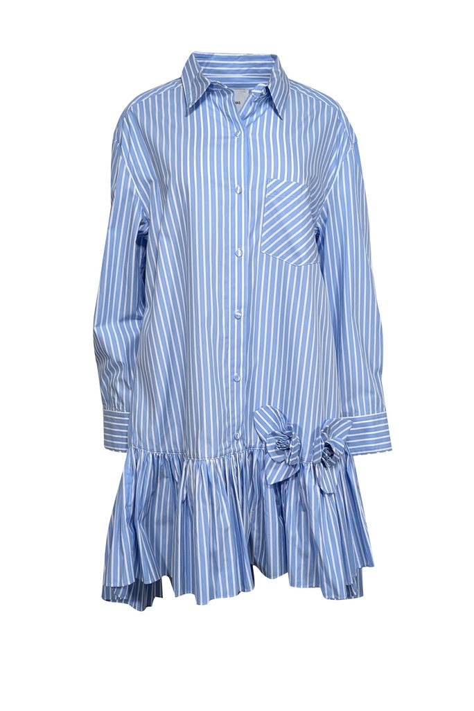 Aknvas - Blue & White Striped Cotton Shirtdress w/ 3D Floral Appliqu Sz XL | Current Boutique Aknvas - Blue & White Striped Cotton Shirtdress w/ 3D Floral Appliqu Sz XL | Current Boutique