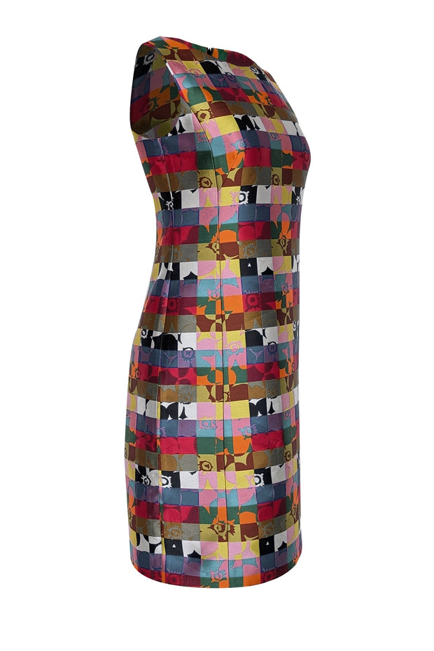 Akris Punto - Red & Multicolor Abstract Checkered Print Sleeveless Sheath Dress Sz 6 Akris Punto - Red & Multicolor Abstract Checkered Print Sleeveless Sheath Dress Sz 6