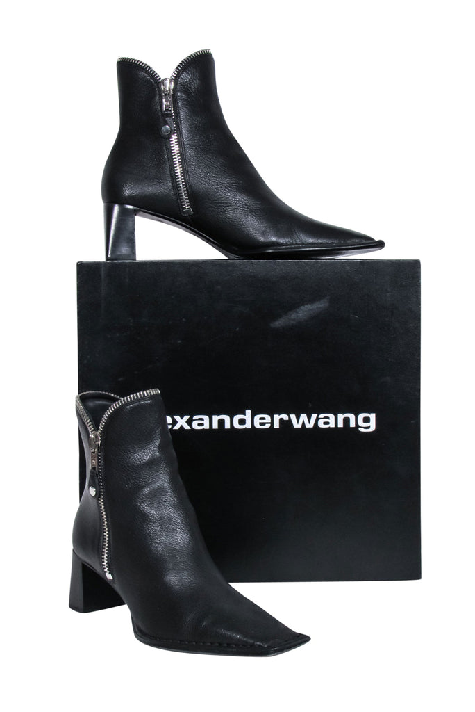 Alexander Wang - Black Leather Silver Zipper Trim Short Boots Sz 9